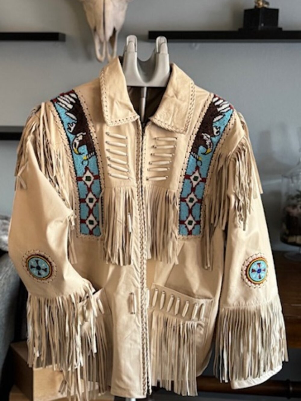 Unisex Leather Fringe/Beaded Jacket XL • Western Statement Piece - NWOT's
